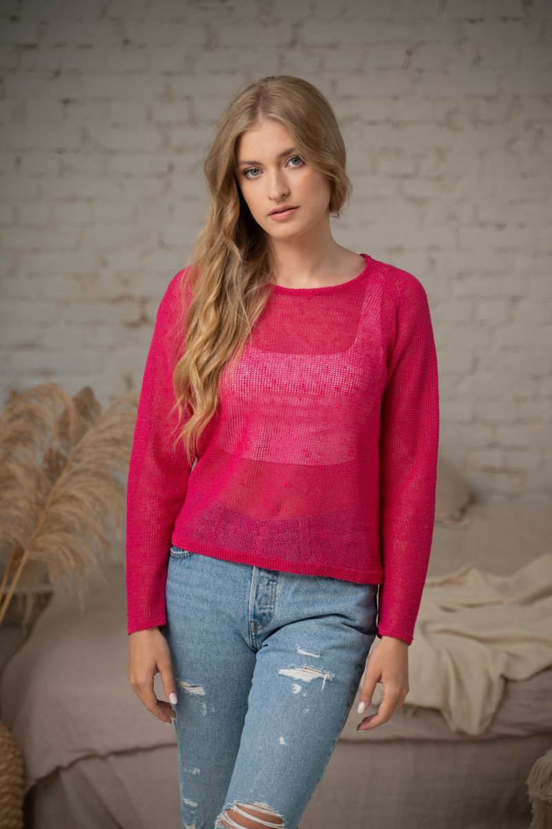 Versandfertig, Größe S Leinen Sweatshirt | Nachhaltiger Strickpullover, Atmungsaktiver Himbeerfarbener Raglanpullover, Bio Rollkragen Top von LINENISLE