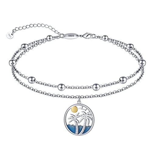 LINGBG JEWELRY Palm Tree Fußkettchen für Frauen Dangling Seagull Sterling Silber Runde Anhänger Knöchel Armbänder für Sommer einstellbar Strand Knöchel Muttertag Schmuck Geschenke von LINGBG JEWELRY