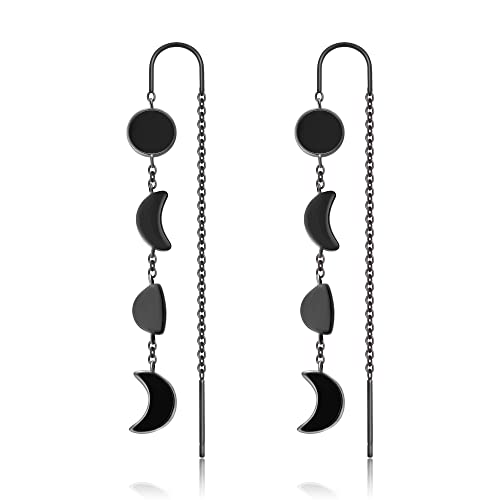 Mondphase S925 Sterling Silber Ohrringe - Schwarz Threader Kette für Frauen, Dangle Drop Leichtgewicht Hypoallergene Ohrringe von LINGBG JEWELRY