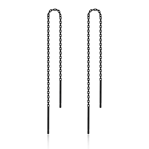 Schwarz Threader Ohrringe für Frauen S925 Sterling Silber 1 Paar Kette Ohrringe Threader Dangle Drop Earrings(3.5inch) von LINGBG JEWELRY