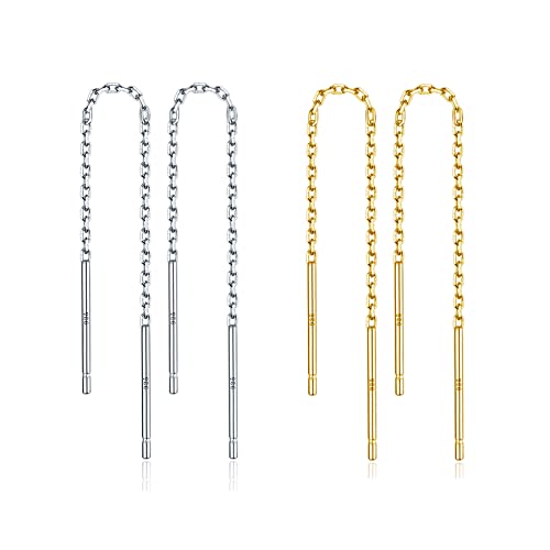 Threader Ohrringe für Frauen S925 Sterling Silber 2 Paare Gold Kette Ohrringe Threader Dangle Drop Ohrringe Weihnachten Schmuck (2.4inch) von LINGBG JEWELRY