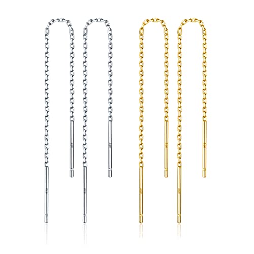 Threader Ohrringe für Frauen S925 Sterling Silber 2 Paare Gold Kette Ohrringe Threader Dangle Drop Ohrringe Weihnachten Schmuck (3.5inch) von LINGBG JEWELRY