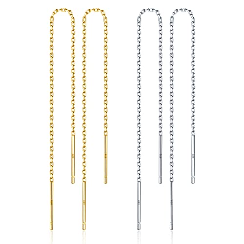 S925 Sterling Silber Threader Ohrringe für Frauen - 2 Paare Gold Kette Dangle Drop Ohrringe für Weihnachten (4,11 Zoll) von LINGBG JEWELRY