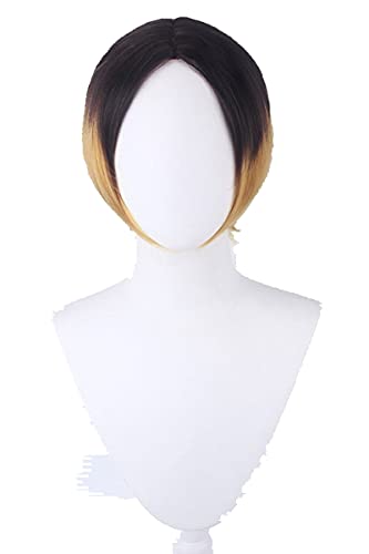 Anime Haikyuu!! Kenma Kozume Cosplay Wig Short Black Yellow Gradient Synthetic Hair Cosplay Costume Wigs + Wig Cap von LINGCOS
