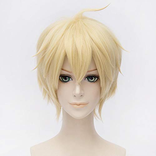 Anime Seraph of the End Mikaela Hyakuya Wig Cosplay Costume Men Women Short Yellow Synthetic Hair Halloween Party Wigs+ Wig Cap von LINGCOS