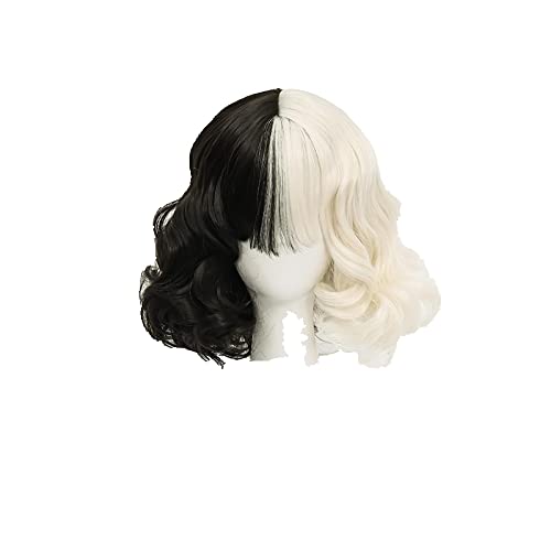CRUELLA de Vil Cosplay Wig Short Curly Black White Ms. Spot Hair Deville Dalmations Heat Resistant Cosplay Wigs + Wig Cap von LINGCOS