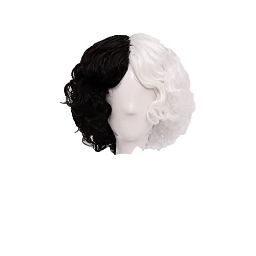 Cruella Wig CRUELLA de Vil Short Black White Ms. Spot Hair Deville Dalmations Heat Resistant Cosplay Costume Wigs + Wig Cap von LINGCOS