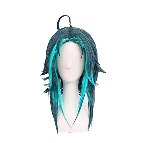 Game Genshin Impact Xiao Cosplay Wig Mixed Dark Green Blue Short Heat Resistant Synthetic Hair Halloween Role Play Wigs +Wig Cap von LINGCOS