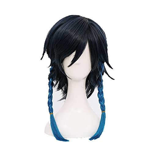 Genshin Impact Venti Wigs Gradient Blue Short Braided Heat Resistant Synthetic Hair Game Anime Cosplay Wig + Wig Cap von LINGCOS