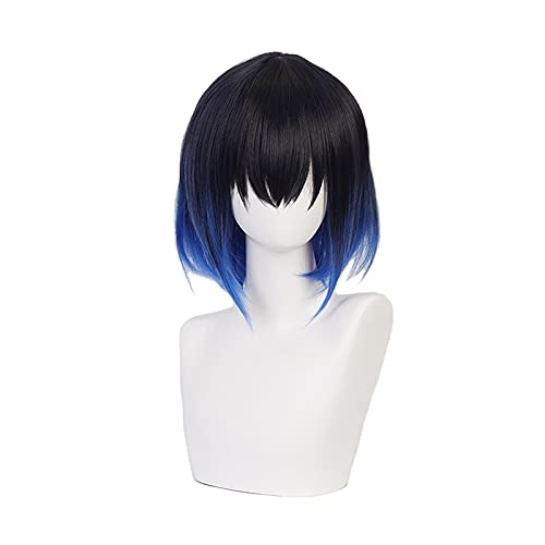 Hashibira Inosuke Short Blue Ombre Wig Kimetsu no Yaiba Heat Resistant Hair Cosplay Costume Wigs + Wig Cap von LINGCOS