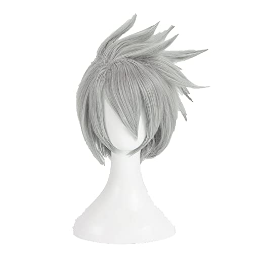Hatake Kakashi Cosplay Wigs Short Layered Silver Grey Heat Resistant Synthetic Hair Wig + Wig Cap von LINGCOS