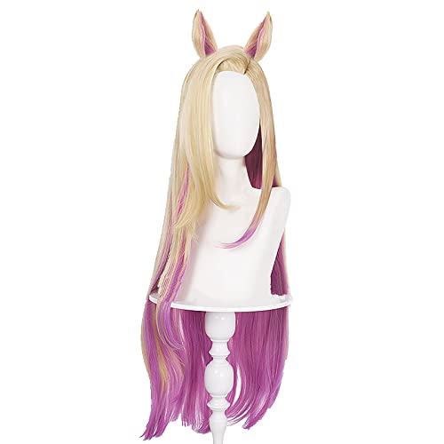KDA Baddest Ahri Cosplay Wigs KDA Cosplay Blonde Mixed Pink Wigs with Ears Heat Resistant Synthetic Hair + Wig Cap von LINGCOS