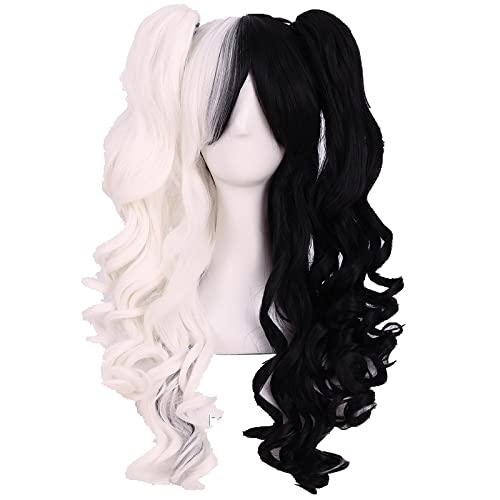 Monokuma Cosplay Wigs White Black Mix Long Ponytails Curly Heat Resistant Synthetic Hair Wig + Wig Cap von LINGCOS