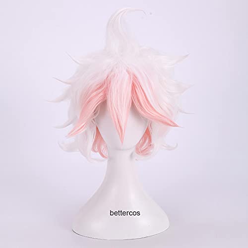 Nagito Komaeda Cosplay Wig Short Gradient White Pink Curly Heat Resistant Synthetic Hair Wig + Wig Cap von LINGCOS