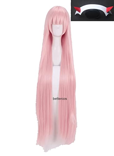 Wig For DARLING in the FRANXX 02 Zero Two Cosplay Wigs Long Pink Heat Resistant Synthetic Hair Wig + Wig Cap WigandHairpin von LINGCOS