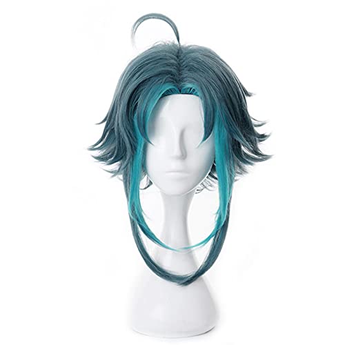 Wig For Game Genshin Impact Xiao Cosplay Wig Mixed Dark Green Blue Short Heat Resistant Synthetic Hair Halloween Role Play Wigs +Wig Cap OneSize B von LINGCOS