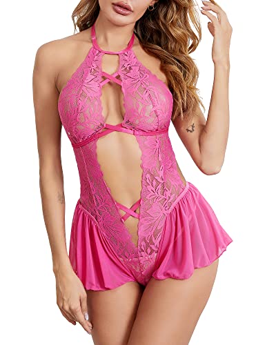 LINGERLOVE Dessous Damen Sexy Unterwäsche Spitze Bodysuit Neckholder V-Ausschnitt Teddy Lingerie 1 Teile große größen Babydoll S-4XL von LINGERLOVE