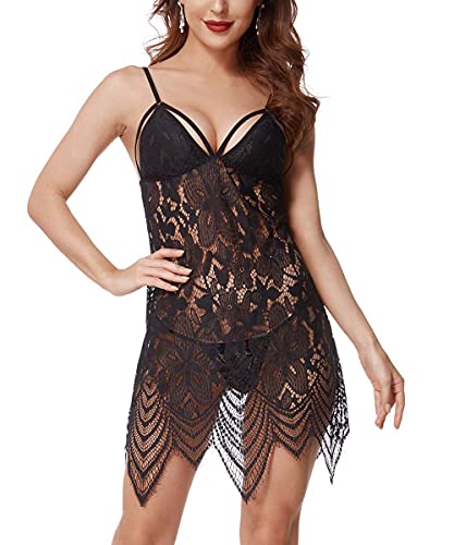 LINGERLOVE Frauen Sexy Babydoll Dessous Spitze Full Slips Wimpern Chemises Nachtwäsche Schwarz L von LINGERLOVE