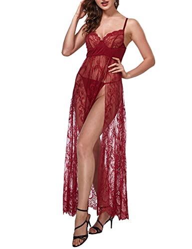 LINGERLOVE Sexy Dessous Lang Negligee Große Größen Spitze Kleid für Damen Transparent Nachtwäsche Langes Dessouskleid mit G-String… von LINGERLOVE