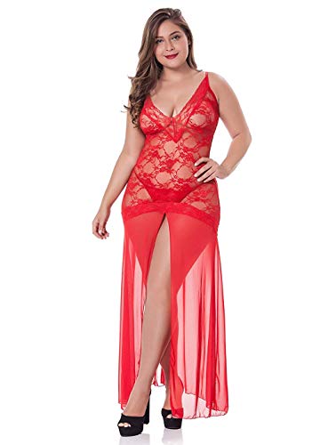 LINGERLOVE Sexy Dessous Lang Negligee Große Größen Spitze Kleid für Damen Negligee Dessouskleid mit G-String von LINGERLOVE