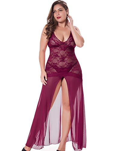 LINGERLOVE Sexy Dessous Lang Negligee Große Größen Spitze Kleid für Damen Negligee Dessouskleid mit G-String von LINGERLOVE