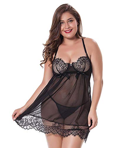 LINGERLOVE Sexy Negligee Babydoll Damen Dessous mit Underwire Unterwäsche Nachtwäsche Spitze Kleid Nachtkleid Reizwäsche G-String Sleepwear Schwarz XL von LINGERLOVE