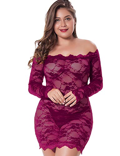 LINGERLOVE Sexy Spitze Negligee Grosse Grössen für Damen Babydoll Dessous Schulterloses Lingerie Nachtwäsche Spitzen-Kleid mit G-String S-4XL von LINGERLOVE