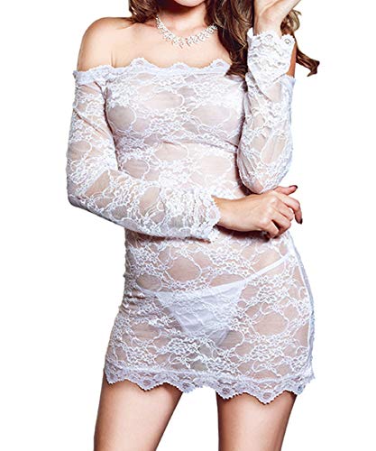 LINGERLOVE Sexy Spitze Negligee Grosse Grössen für Damen Babydoll Dessous Schulterloses Lingerie Nachtwäsche Spitzen-Kleid mit G-String S-4XL von LINGERLOVE