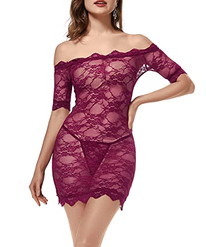 LINGERLOVE Sexy Spitze Negligee für Mollig Damen Babydoll Dessous Grosse Grössen Schulterloses Lingerie Nachtwäsche mit G-String S-4XL von LINGERLOVE