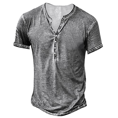 Henley Shirt Herren Bluse Herren Slim Fit Kurzarm Muster Henley Oberteile Work Sommer mit Druckknöpfe Poloshirt Herren Leichter Cool Grau 62 von LINGHAOEU