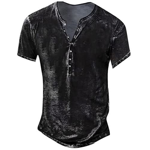 Henley Shirt Herren Bluse Herren Slim Fit Kurzarm Oberteil Grafisches Henley Ausschnitt Worke Polo Herrnen Sommer Knopf Gummizug Lässige Schwarz 32 von LINGHAOEU