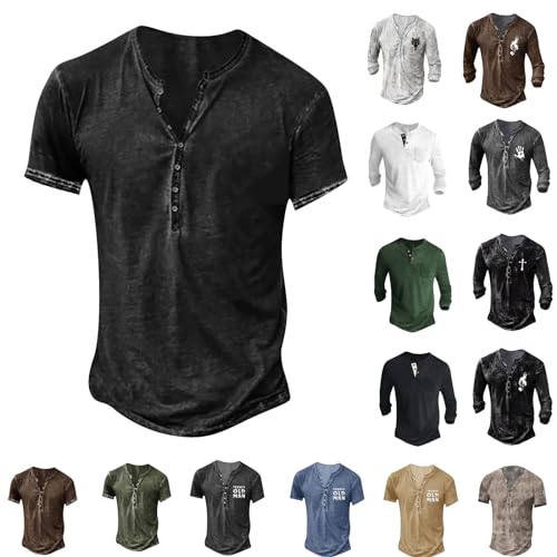 Herren T Shirt Bluse Herren Stretch Sommer Slim Knopf Oberteil Muster Langarm Henle Poloshirt Herrenen Worker Modern Schwarz 1 von LINGHAOEU