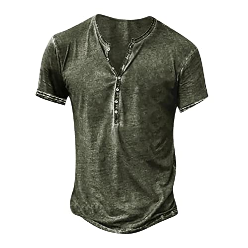 Slim Fit T-Shirt Herren Bluse Gentelman Sommer Knöpfen Henley Gummizug Oberteil Kurzarm Gemustertes Schlankmache Polo Herren Arbeits Retro Grün 21 von LINGHAOEU