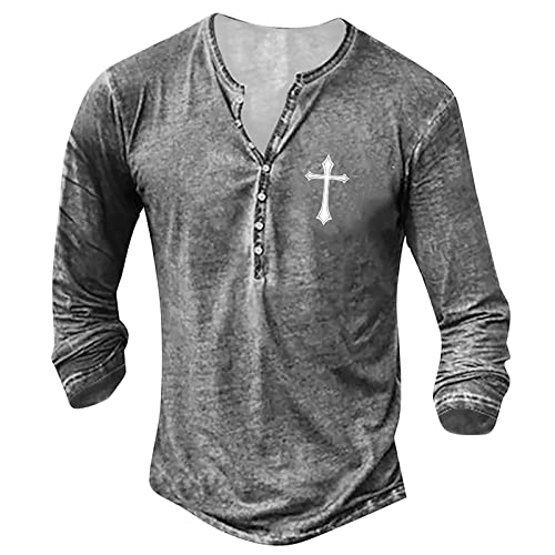 Slim Fit T-Shirt Herren T Shirt Herren mit Druckknöpfen T Shirt Outdoor Muster Leichte Slim Mode Kurzar Poloshirt Herren Henley Ausschnitt Sommer Grau 78 von LINGHAOEU