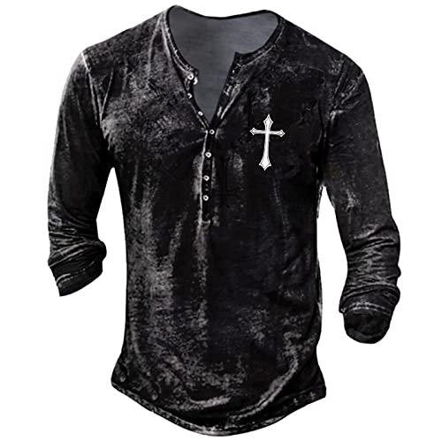 Slim Fit T-Shirt Herren Tshirts Herren Stretch Langarm T Shirt Dünn mit Knopfleiste Grafisches Wander Hemdbluse Herren Frühling Henley Vintage Schwarz 66 von LINGHAOEU