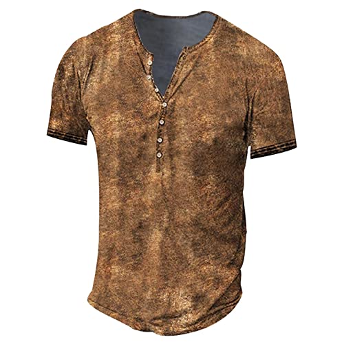 T Shirts MäNner T Shirt Herren mit Knopfleiste Frühling Muster T Shirt Weich Slim Fit Kurzarm Henley Ausschnit Polo Herrnen Wandern Retro Ingwer 46 von LINGHAOEU