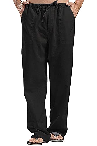 LINGHUI Leinenhose Herren Hose Lang Freizeithose Strandhose Sommer Leichte Tasche Kordelzug Urlaub Freizeithose (Color : Noir, Size : 4XL) von LINGHUI