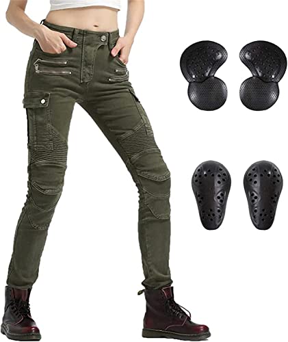 LINGKY Motorradhose Damen, Sportliche Motorrad Hose Mit Geradem Bein Schutzhose Motorradjeans mit abnehmbar CE Protektoren an Hüfte und Knie (Armeegrün,M) von LINGKY