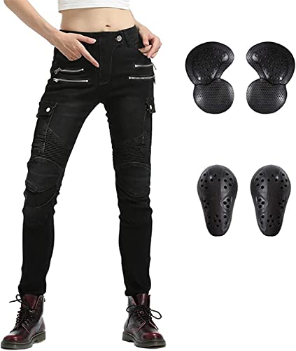 LINGKY Motorradhose Damen, Sportliche Motorrad Hose Mit Geradem Bein Schutzhose Motorradjeans mit abnehmbar CE Protektoren an Hüfte und Knie (Schwarz,L) von LINGKY