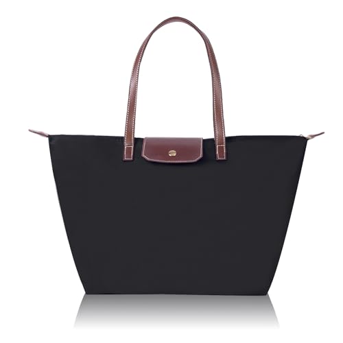 LINGLONGCY Frauen-Schulter-Tasche Faltbare Nylon-Tasche Großes Fassungsvermögen Umhängetaschen Für Damen-Tasche Einkaufstasche (schwarz, L 48 * 32 * 20cm) von LINGLONGCY