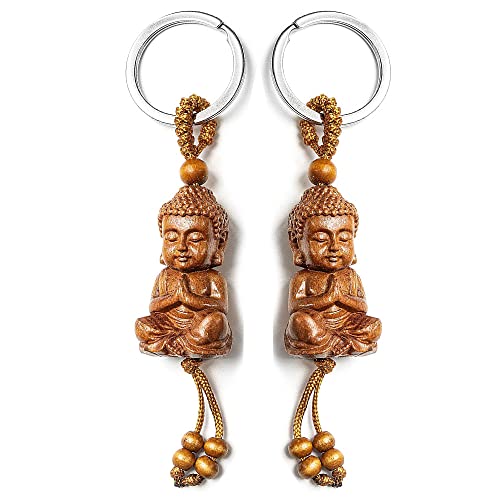 LINISME Kleiner Buddha Schlüsselanhänger aus Holz Mahagoni 3D Gravur Buddha Anhänger Schlüsselanhänger Für Autozubehör Glücksbringer Geschenk (2er Set) von LINISME