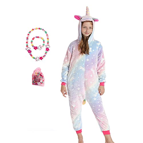 LINKE Kinder-Einteiler für Mädchen, weicher Plüsch-Einhorn-Pyjama, bequemes Geschenk mit buntem Armband und Halskette, Leuchtendes Lila, 5-6 Jahre von LINKE