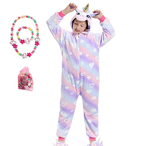 LINKE Kinder-Einteiler für Mädchen, weicher Plüsch-Einhorn-Pyjama, bequemes Geschenk mit buntem Armband und Halskette, Herzform, Violett, 11-12 Jahre von LINKE