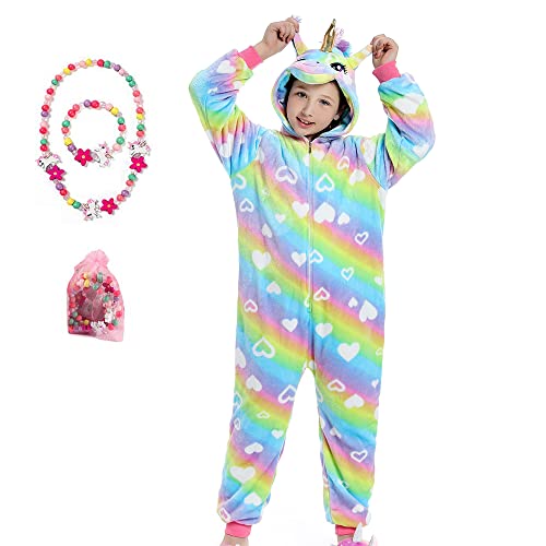 LINKE Kinder-Einteiler für Mädchen, weicher Plüsch, Einhorn-Pyjama, bequemes Geschenk, mit buntem Armband und Halskette, Herzform-Regenbogen A, 11-12 Jahre von LINKE