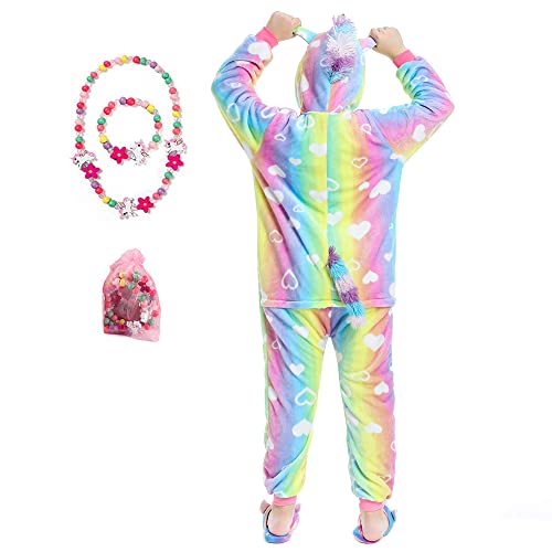 LINKE Kinder-Einteiler für Mädchen, weicher Plüsch, Einhorn-Pyjama, bequemes Geschenk, mit buntem Armband und Halskette, Herzform: Regenbogen B, 11-12 Jahre von LINKE