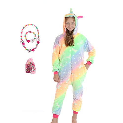 LINKE Kinder-Einteiler für Mädchen, weicher Plüsch-Einhorn-Pyjama, bequemes Geschenk mit buntem Armband und Halskette, Leuchtender Regenbogenfarben, 11-12 Jahre von LINKE