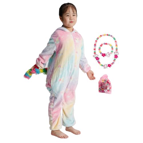 LINKE Kinder-Einteiler für Mädchen, weicher Plüsch-Einhorn, Pyjama, bequemes Geschenk mit kostenlosem buntem Armband und Halskette, Rosa Pegasus, 3-4 Jahre von LINKE