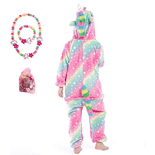 LINKE Kinder-Einteiler für Mädchen, weiches Plüsch-Einhorn, Schlafanzug, bequem, Geschenk, mit buntem Armband und Halskette, Pink Galaxy, 13-14 Jahre von LINKE