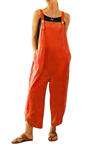 Linke Overall für Damen, leger, lockerer Latzhosen, weiches Baumwoll-Leinen, Baggy-Overall, verstellbare Träger mit Taschen, M-5XL, Orange von LINKE
