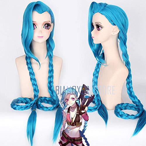 LINLINCD 120 Cm Lol Jinx Cosplay Perücken Frauen Blau Doppel Pferdeschwanz Zöpfe Mädchen Langes Haar Für Halloween Party von LINLINCD